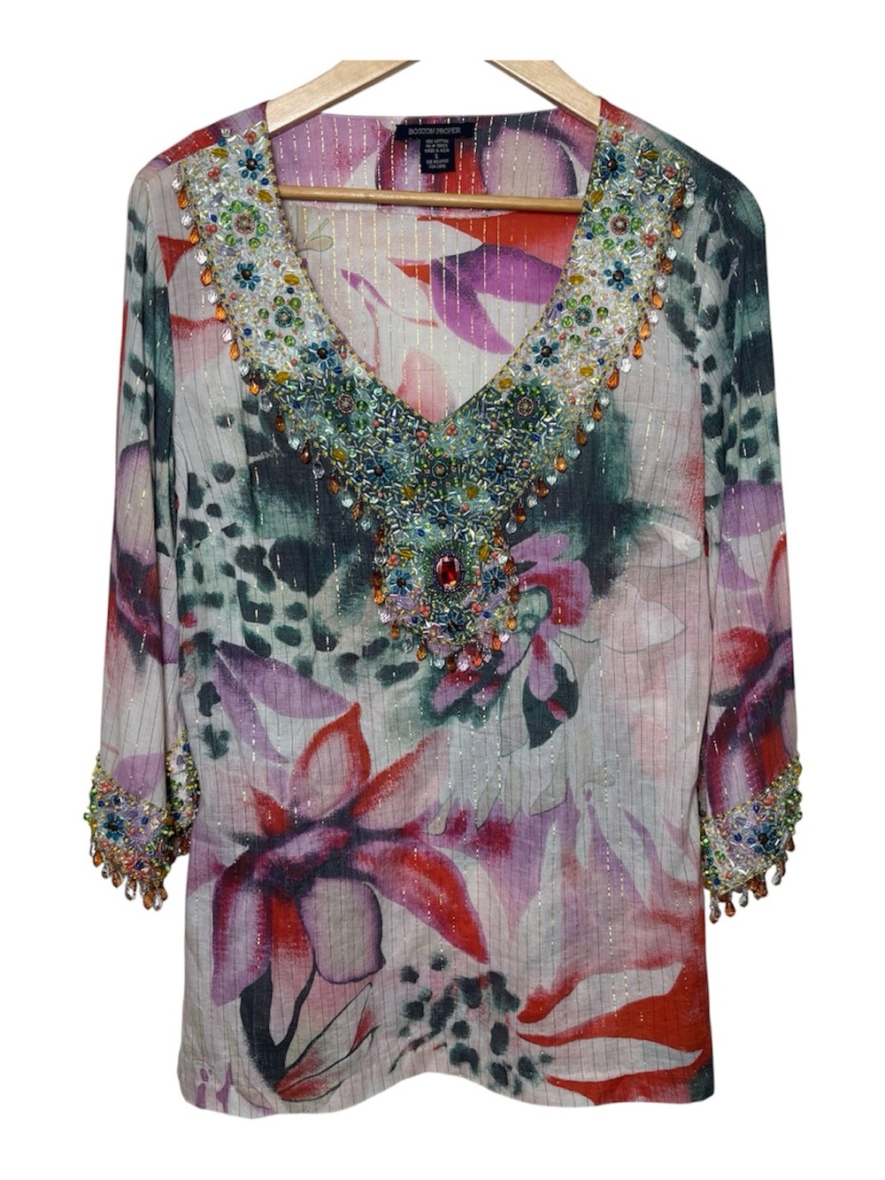 Boston Proper Blouse Top Women Large Beaded Floral Tunic SemiSheer Gypsy Boho - Picture 1 of 9